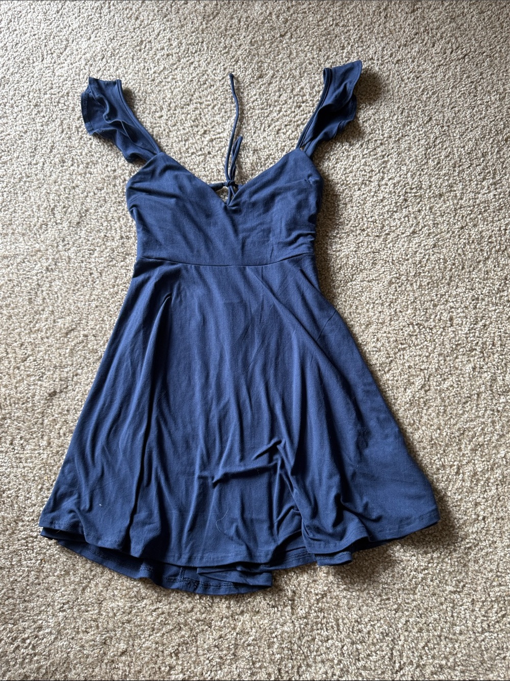 Lulu's Women’s Navy Blue Ruffle Strap with open tie back Skater Dress MD